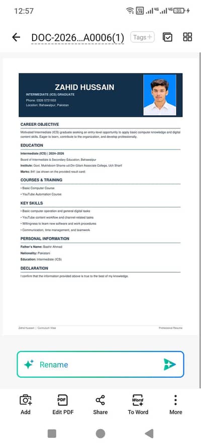 Fresh ICS Candidate Looking for a Job in Lahore