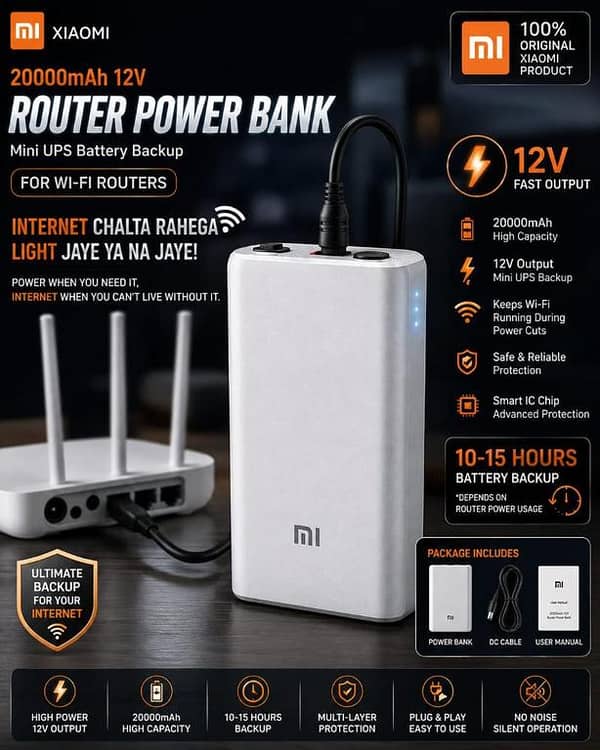 Xiaomi Mi 20000mAh 12V Router Power Bank Mini UPS Battery Backup  Uninterrupted Internet Power Supply For Wi-Fi Routers, Modems, ONT Devices & CCTV | Safe & Reliable High-Power Plug & Play Travel Solution
