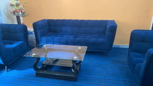 3-Piece Sofa Set with Glass Centre Table For Sale  Navy blue sofa
