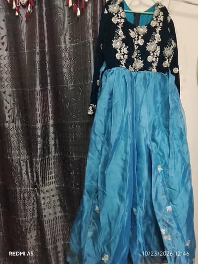 Girls' Elegant Navy Blue & Sky Blue Embroidered Party Wear Frock