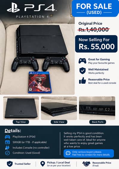 PS4 Gaming Console for Sale! with 2 controllers and Tekken CD as Giftt