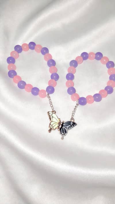 Pink & purple butterfly charms beaded bracelets set