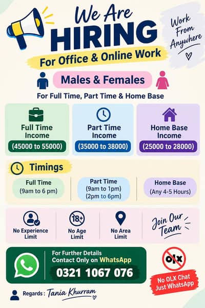 We are hiring staff male and female for online and office work .