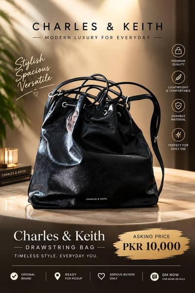 Charles & Keith Black Drawstring Bag – Elegant & Stylish