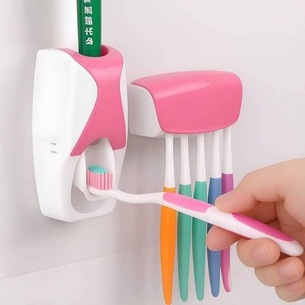 Automatic Toothpaste Dispenser & Toothbrush Holder Set | Wall Mounted Toothpaste Squeezer with 5-Brush Holder | Hands-Free Toothpaste Dispenser for Bathroom Organization, Family Use and Daily Oral Care | White