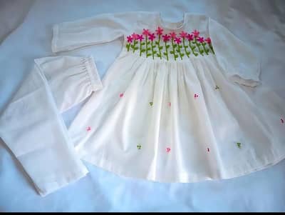 Baby girl white frock _pink floral embroidered dress set