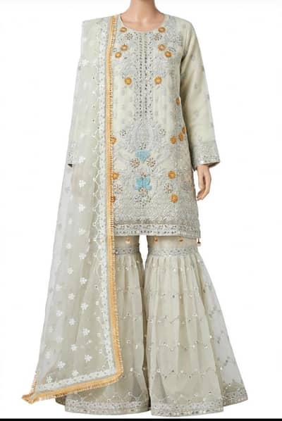 off white 3 piece  heavy fancy shirt,flare sharara,organza dupatta