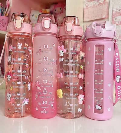 Cute Pink Cartoon Water Bottle with Time Marker – Leakproof Bottle