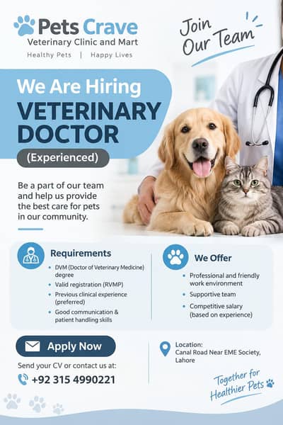 Experienced Veterinary Doctor Required – Lahore