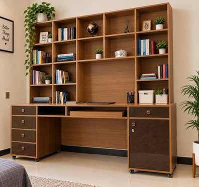 Brand New Wooden Study Table with Bookshelf, Drawers & Wheels