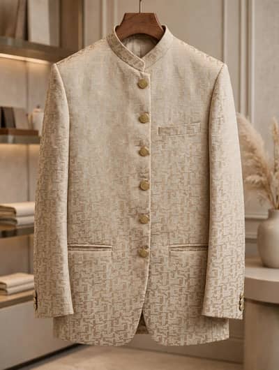 Men's Wedding Prince Coat - FG - Beige Jacquard - Brand New