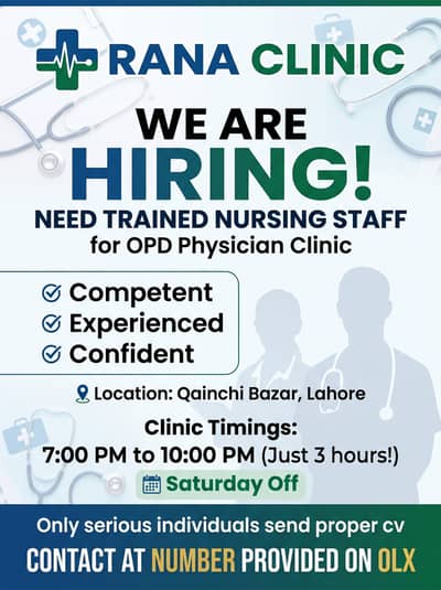 RANA CLINIC requires trained nursing staff for clinic