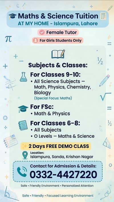 Maths and Science teacher for girls-Islampura