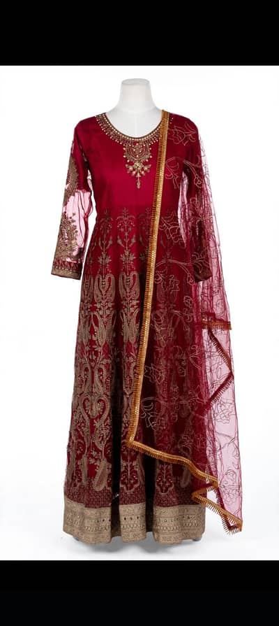 Maroon Party Wear Maxi 3pc - Fancy Work + Net Dupatta