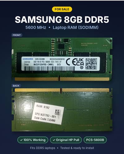 Samsung 8GB DDR5 5600MHz Laptop RAM (SODIMM), Original HP Pull