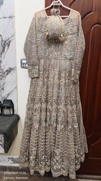 *Bridal Walima Maxi Skin Beige Heavy Embroidered with Dupatta & Potli*