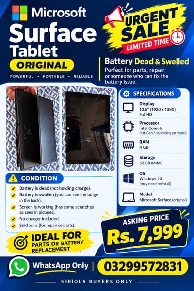 Microsoft Surface Tablet 32GB – Battery Dead & Swollen – Rs. 7,999