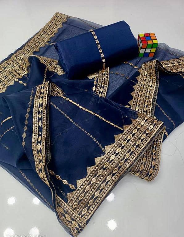 3 Piece Unstitched Kataan Silk Suit for Women | Kataan Silk Shirt & Trouser with Embroidered Organza Dupatta & Neckline. . .
