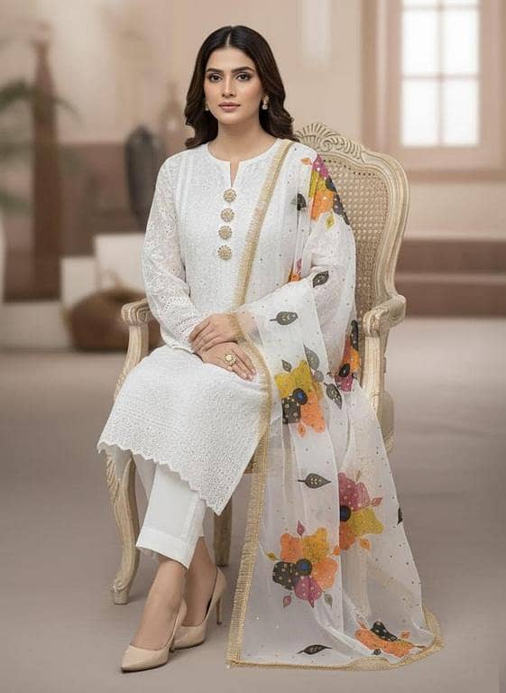 Most demanding Summer Article In oil paint  Style  2k26  Duppata Multii oil paint with handmade workTraditional Duppata  ShiRt & Trouser  White Chicken Kaari     Buttons gift . . .