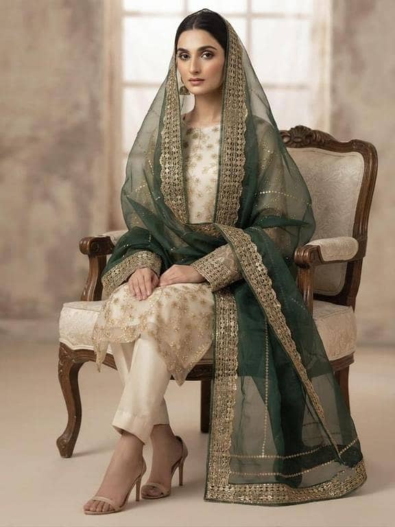 New Fency  Shiffon 3pc Dresses    Shiffon All over Embroided  Pearl Work Shirt  (Back & Sleeves Plain)   Organza 9MM Embroided Foil work Duppata   Kattan Silk Trouser   Quality is our first priority alhmdulilah . . .
