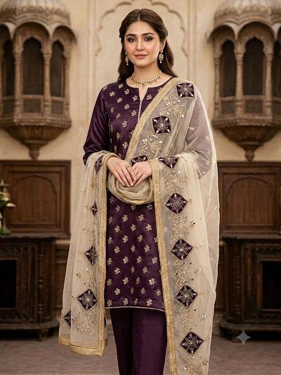 Fency  Arrival 3pc Dresses   Shamooz silk Allover  Jhumka embroidery Shirt    Indian Net Applick Embroidery Mirror work  Dupatta    Kattan Silk Trouser   Quality is our first priority alhmdulilah . .