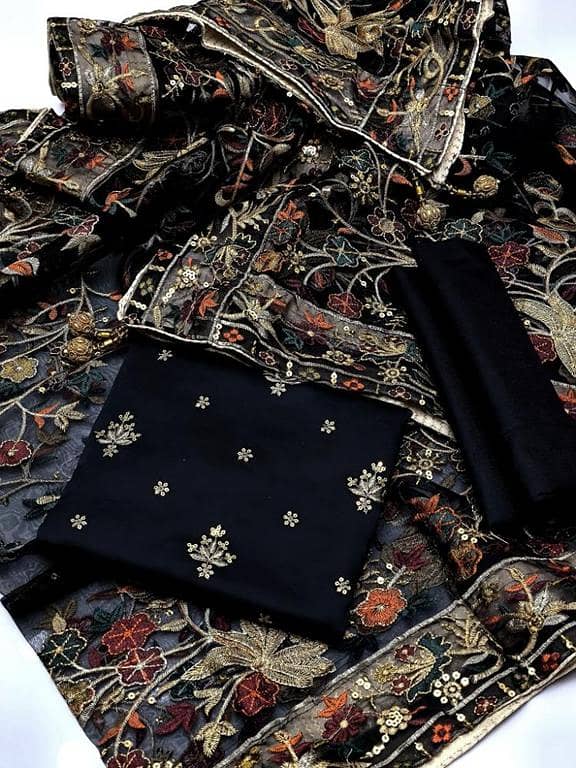 Luxury article of Shadi Season  Heavy Indian Duppata 3pc Dresses   Shirt  front All over 3mm embroidery      Trouser Kattan silk   Duppata Matching Organza HEAVY Indian  Embroidered + Sequence Work Along with 4 Sided heavy   . . .
