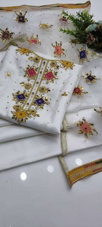 Newest Heavy  Pure Handmade Dress   Kattan Silk  Beautiful Handmade Mooti Sitara & Kundan work shirt   Net  Applick Heavy Handmade DUPPATA  with 4 sided Gotta Lase & Piping . . .
