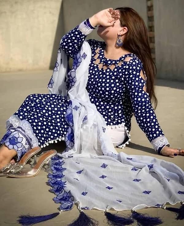 3 Piece Lawn Cotton Suit for Wome1n | Polka Dot Lawn Shirt | Embroidered Trouser & Chiffon Dupatta with Cutwork. . .