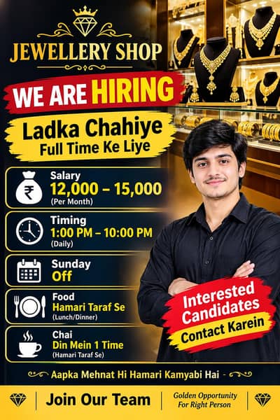 Jewellery shop ke liye imandar ladka chahiye Jo Sahi kam Karen