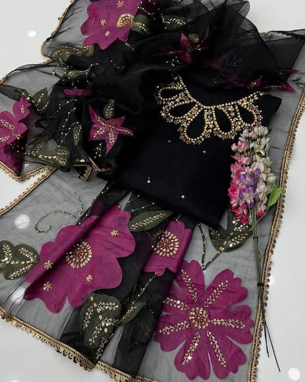 2-Piece Dress – Handwork Stones & Beads Organza Shirt with Zari Beads Oil Paint 4-Side Lace Dupatta. . .