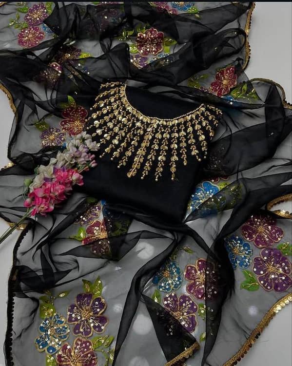 2-Piece Luxury Organza Dress – Handwork Stones & Beads Shirt With Zari Oil Paint Dupatta. . .