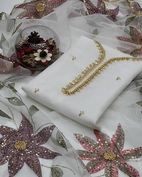 2-Piece Unstitched Dress – Handwork Stones & Beads on Organza Shirt with Zari Beads Oil Paint Organza Dupatta | Luxury Wedding & Party Wear. .