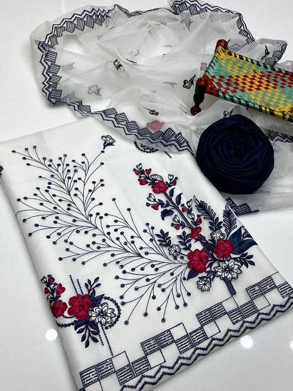 3-Piece Dress – Organza 3mm Sequin Embroidered Shirt with Cutwork Dupatta & Khatan Trouser. . .