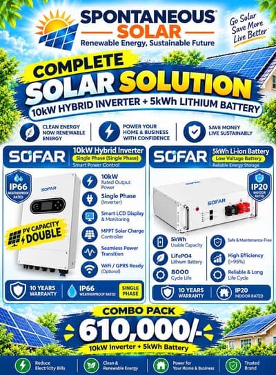 10kW Hybrid Solar Inverter + 5kWh Lithium Battery Combo
