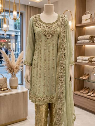 Luxury Sage Green Embroidered 3-Piece Suit with Heavy Dupatta