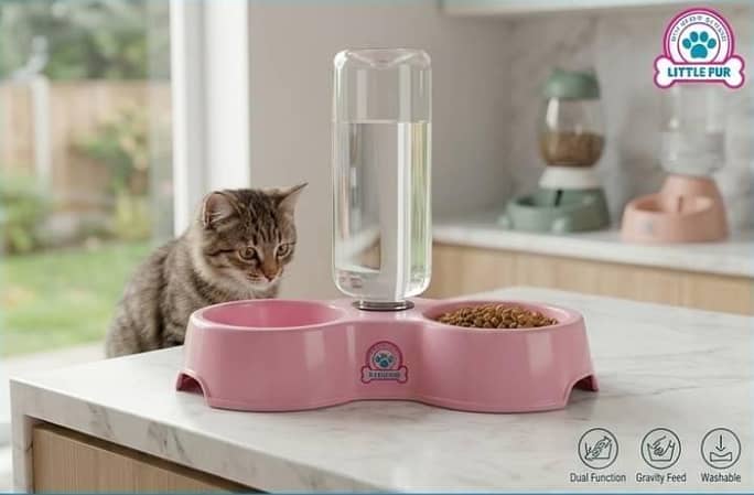 Dual Function Cat Feeder & Automatic Water Dispenser for Cats and Small Pets – Pink & Blue, Gravity Feed, Washable Food and Water Bowl