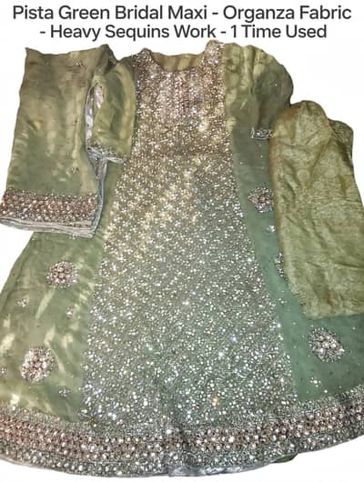Pista green Bridal Maxi frock. Organza heavy sequins work  1 time used