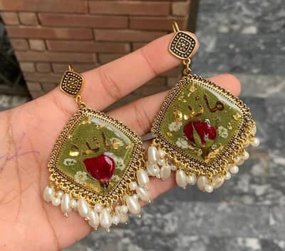 Custom Name Handmade Resin Jhumka Earrings Real Rose Ke Sath Mashallah