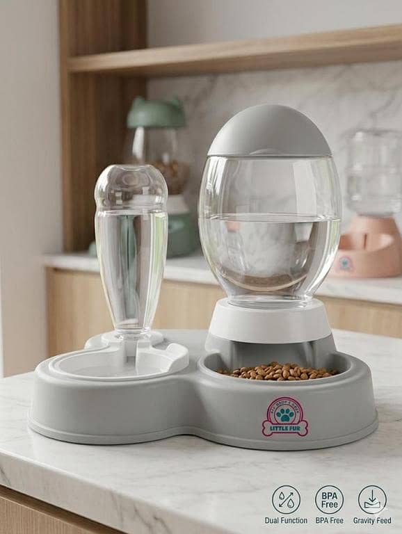 Dual Function Cat Feeder & Water Dispenser Grey – 2.2L Food Capacity, 675ml Water Bottle, Gravity Feed