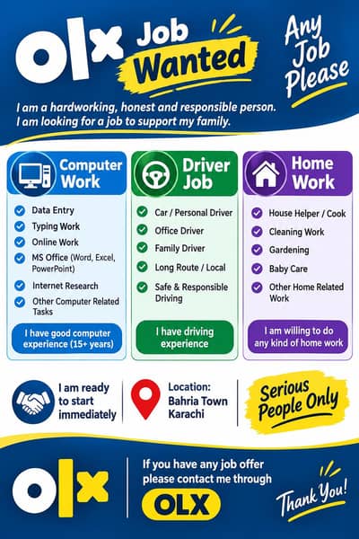 Looking for a Job – Computer Operator, Driver or Home Helper