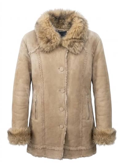 Boneck Beige Suede Winter Coat with Faux Fur Collar & Cuffs - Size S