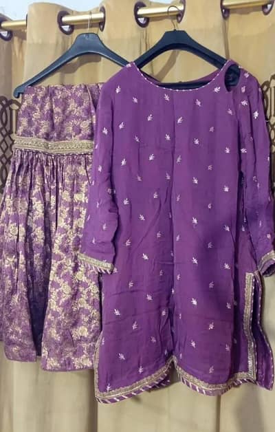 Elegant Purple Festive Suit with Golden Brocade Gharara