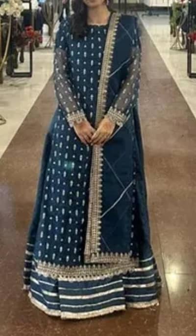 Elegant navy blue embroidered formal maxi suit