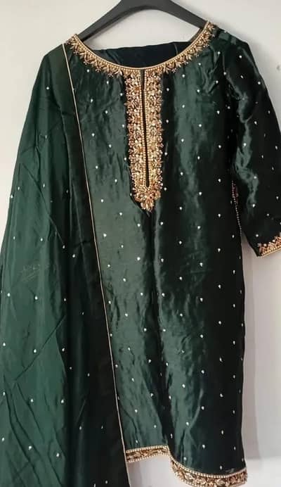 Elegant Dark Green Formal Suit with Golden Embellished Neckline