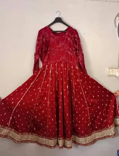 Elegant Deep Red Bridal-Style Formal Frock with Golden Embellishments
