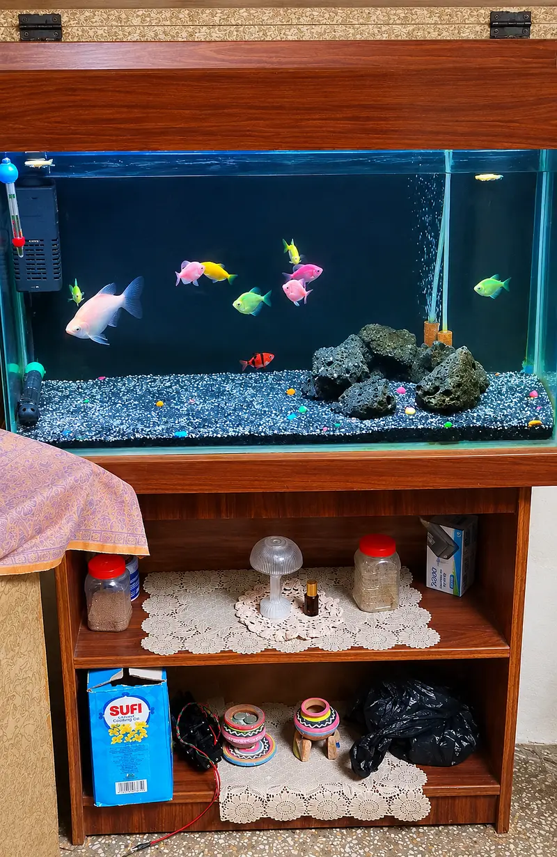 Selling complete aquarium setup with fishes and accessories.