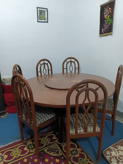 ​Solid Wood 6-Seater Round Dining Table with Revolving Center