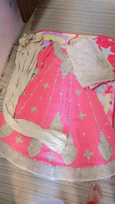 pink heavy emborided maxi with chori dar pjama  2 time used