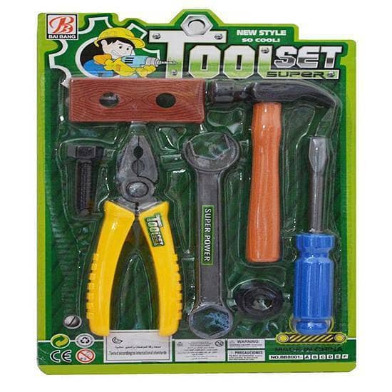 New multicolor plastic tool set for kids with screwdrivers, hammers, pliers and wrenches – a playful repairing kit