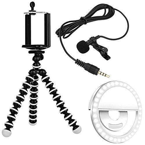 Gorilla Tripod Stand for Mobile Phones with Adjustable Clip, Selfie Ring Light, 3.5mm Jack, and Clip-on Mini Voice Recording Mic